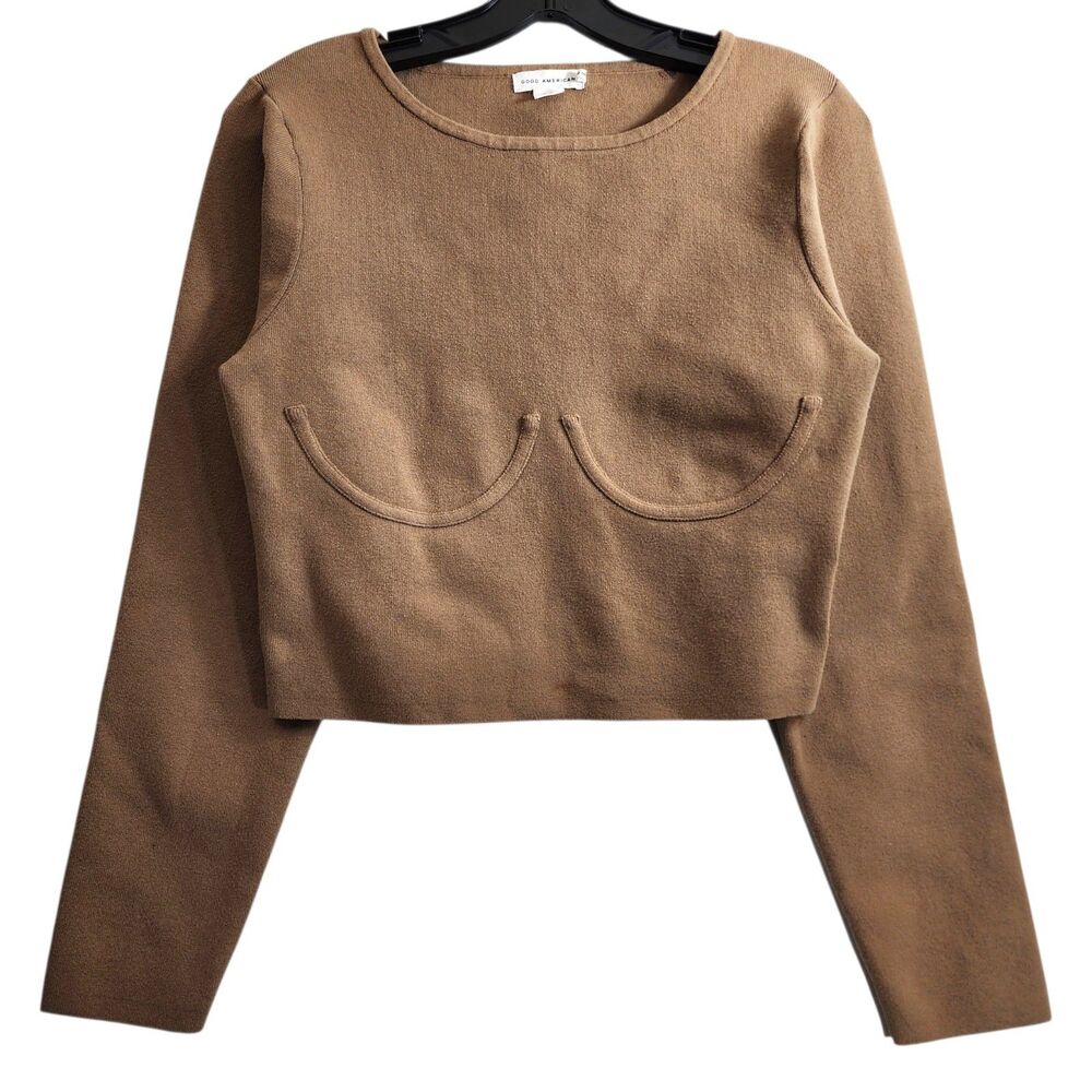 GOOD AMERICAN Sweater The Cupped Rib Crop Womens Medium Taupe Knit Minimalist